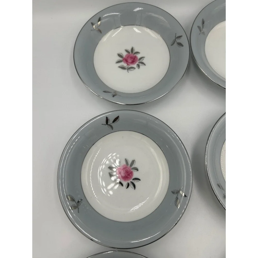 Seyei Bella Maria 2129 Fine China Fruit Bowls Set of 7 Japan Pink Rose Blue Rim‎